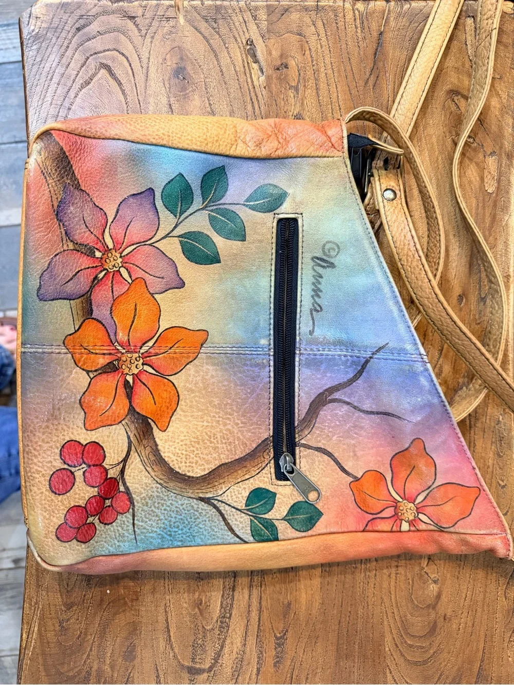 Anuschka Floral Berries Hand Painted Leather Crossbody Flap Bag Purse Rare